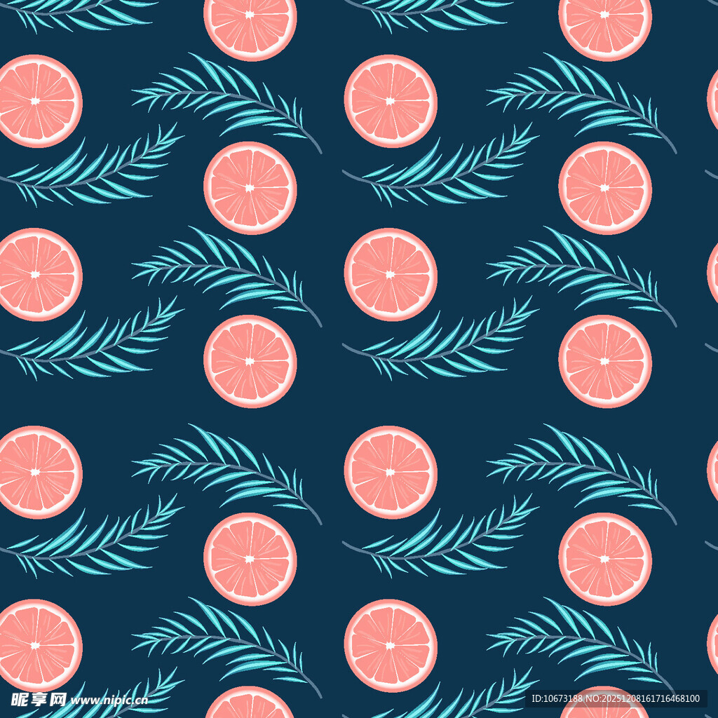 深蓝底粉圆叶无缝图案