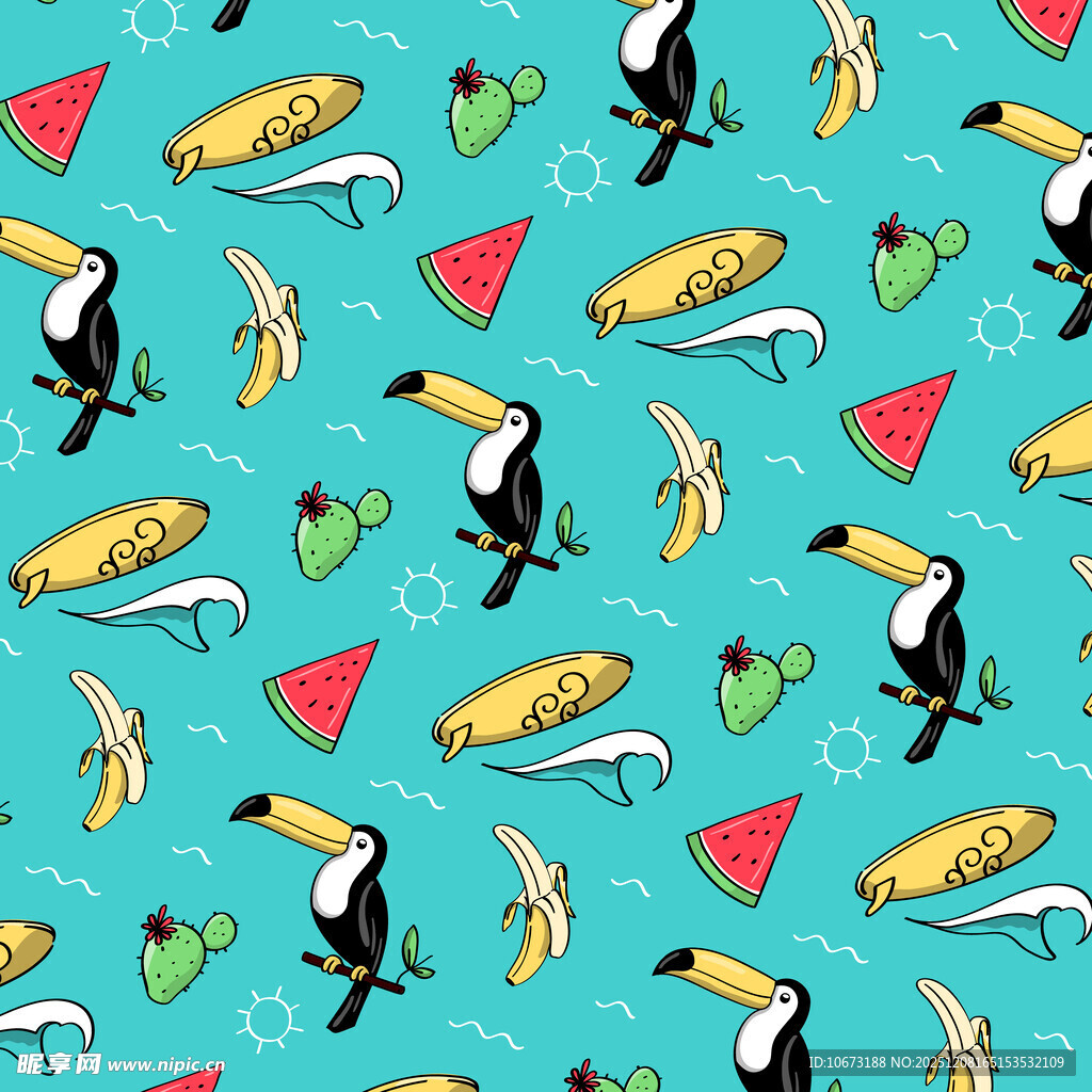 热带风水果巨嘴鸟图案背景
