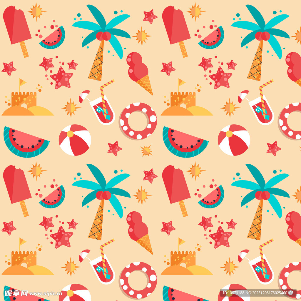 夏日海滩元素无缝图案