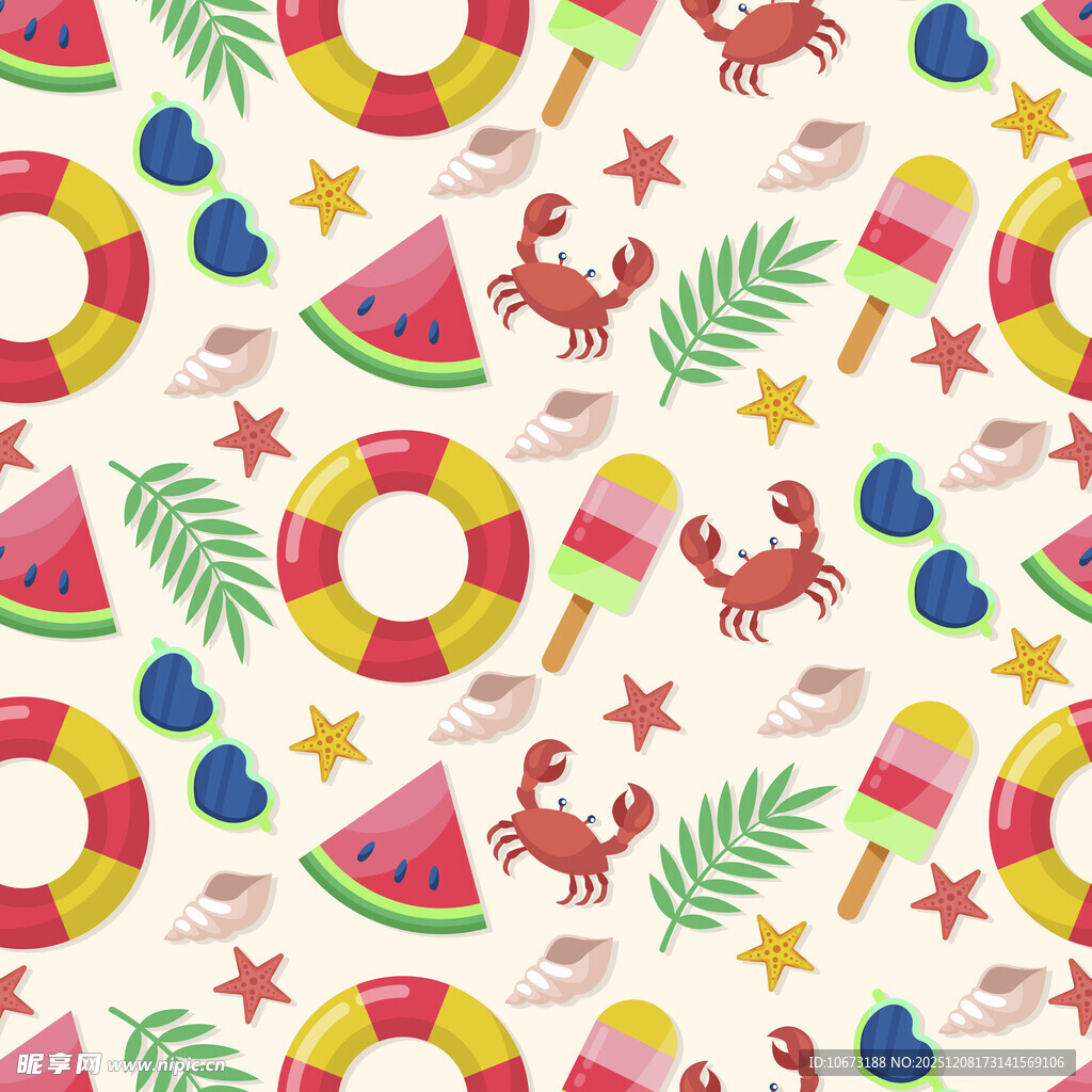 夏日海滩元素无缝图案