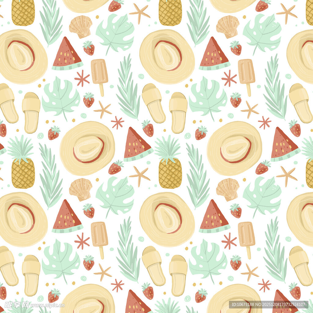 夏日海滩元素无缝图案