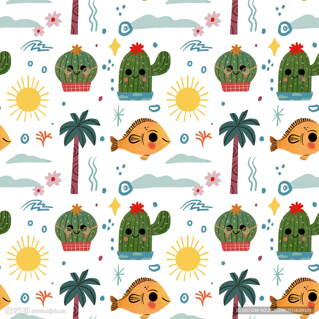 卡通风格仙人掌小鱼图案