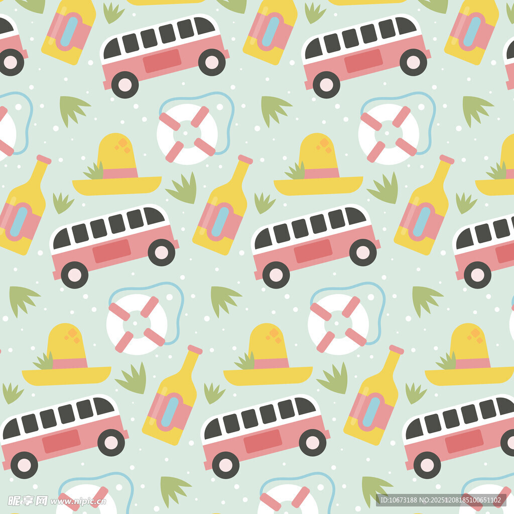 夏日巴士与度假元素图案