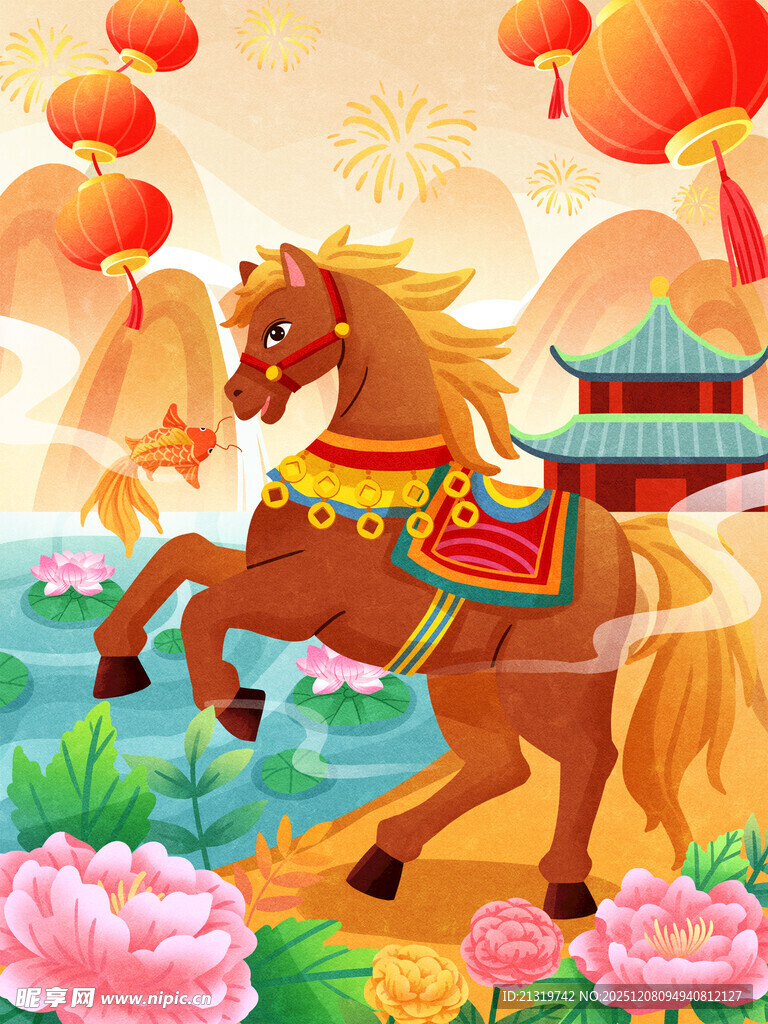 手绘马国潮插画