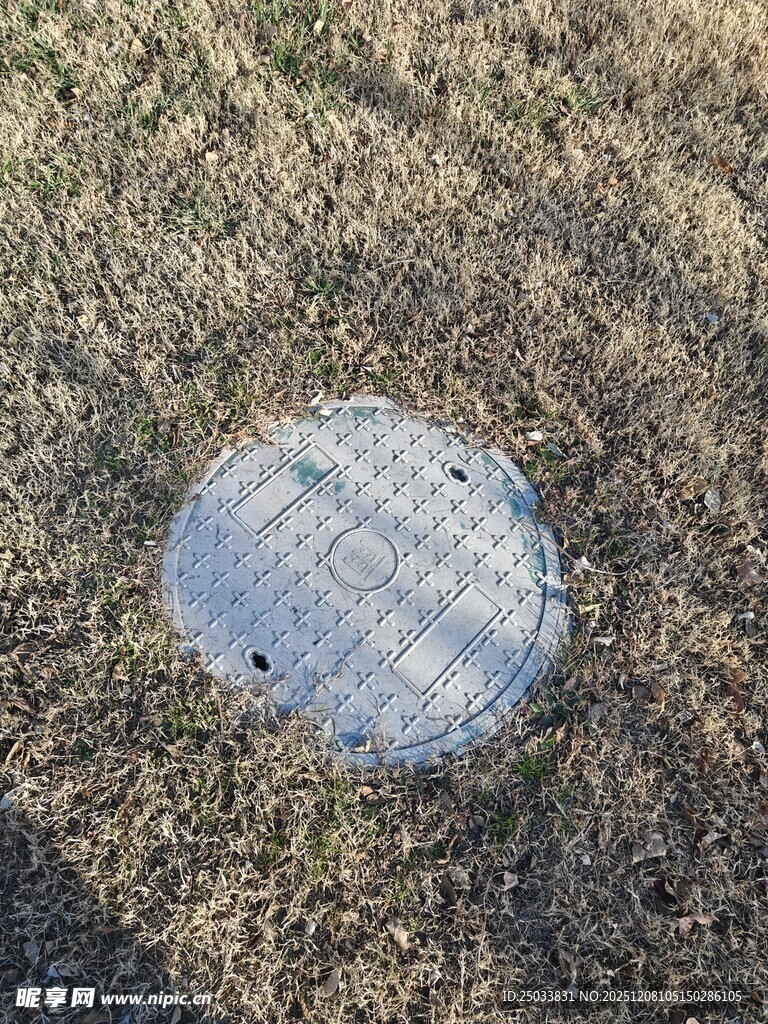 户外草地中的金属井盖