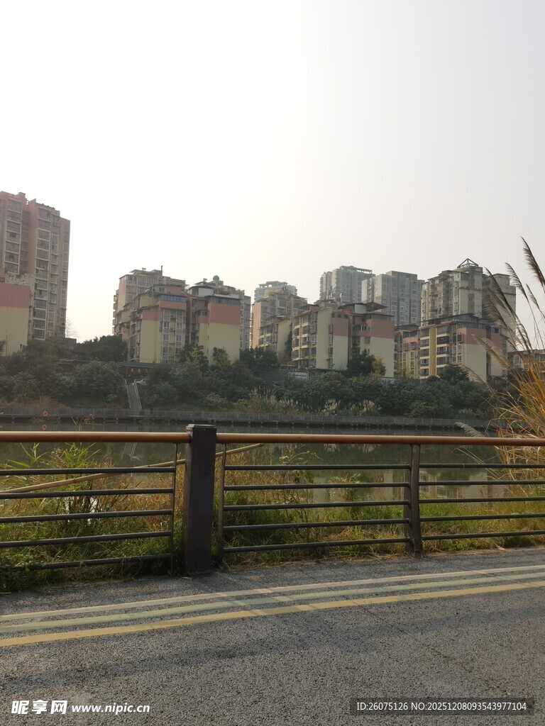 城市道路旁的居民建筑群