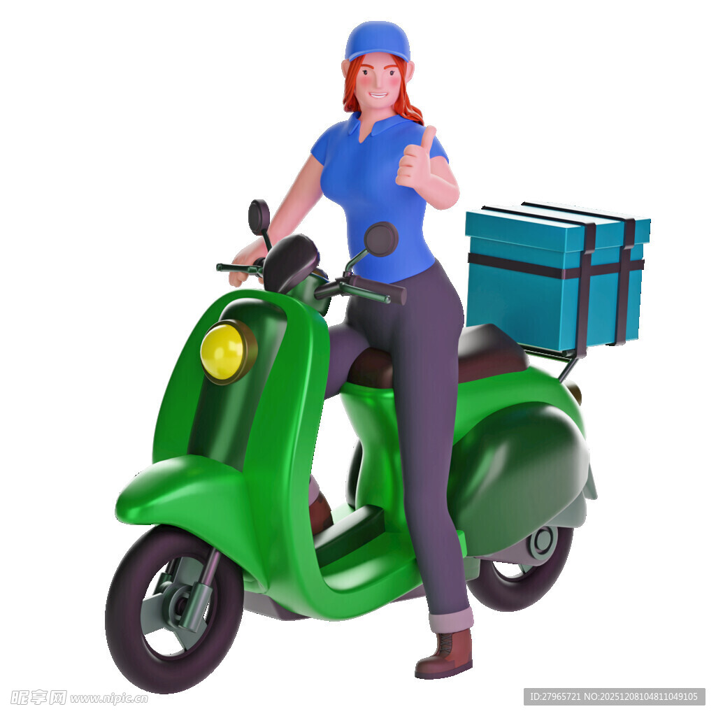 女骑手骑绿色电动车送餐