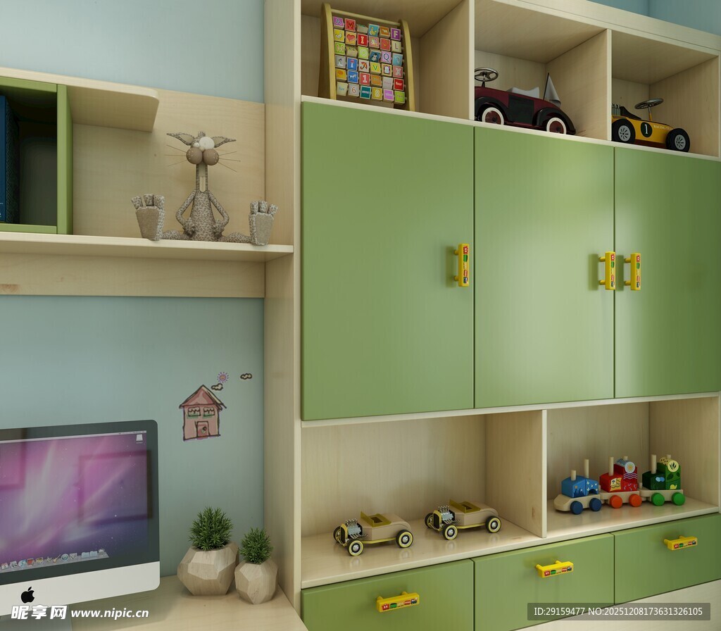 清新儿童房绿色收纳柜一角