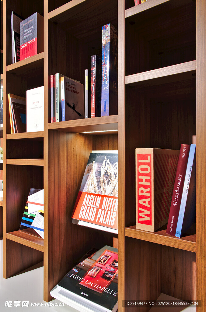 木质书架上的多彩书籍