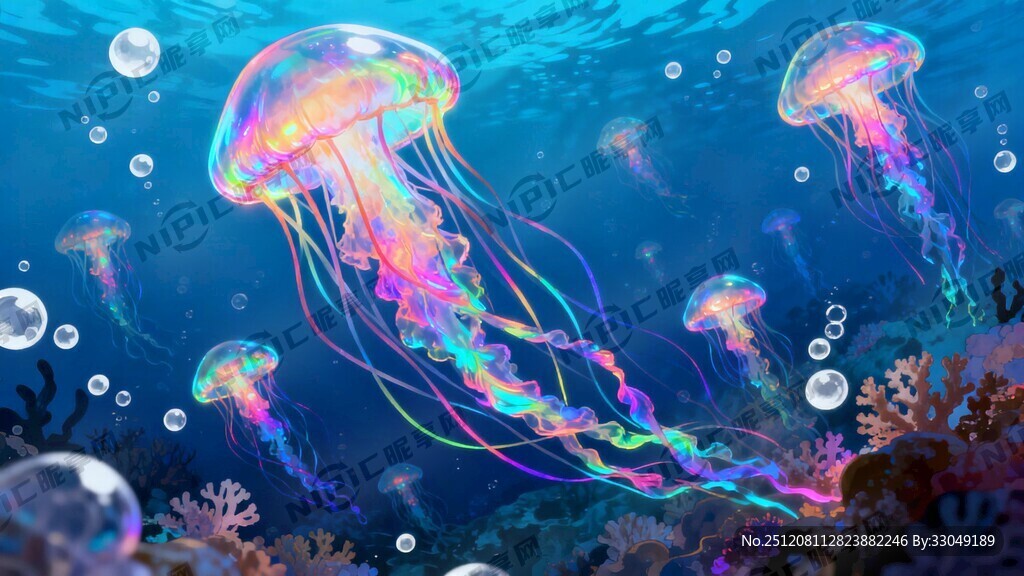 洛可可风格梦幻海底手绘插画荧光