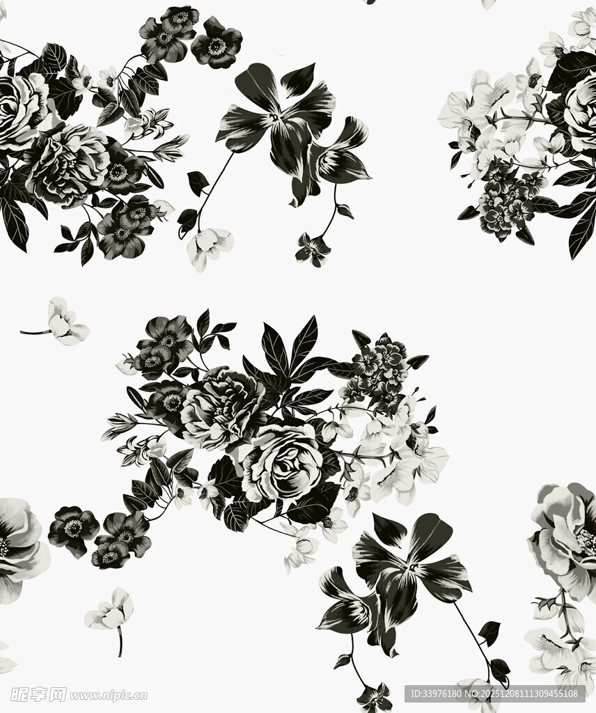 黑白花卉图案设计素材