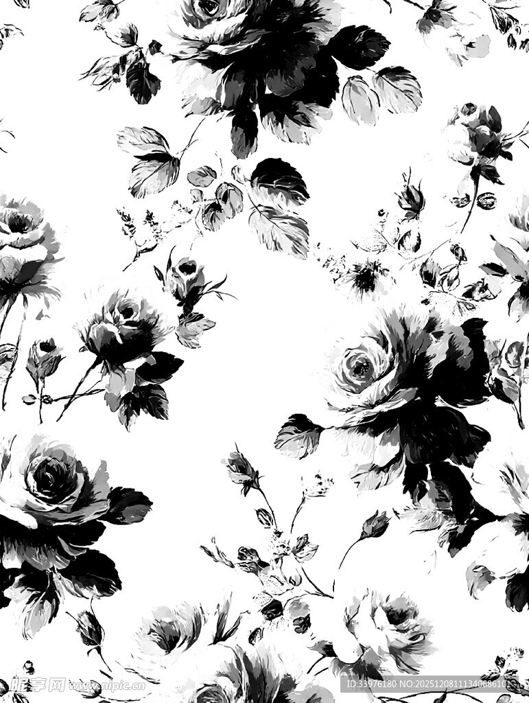黑白玫瑰花卉图案