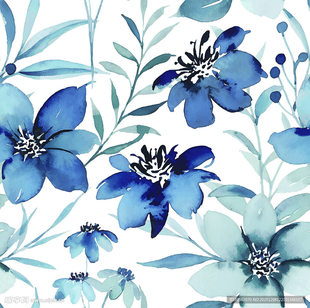 蓝色水彩花卉图案设计