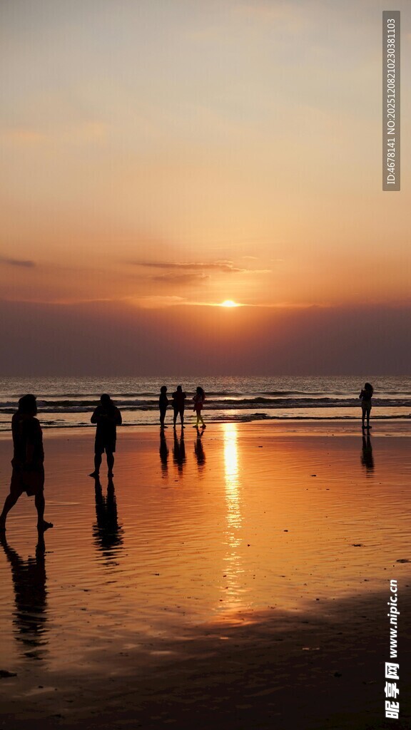 夕阳下的海边木桩剪影