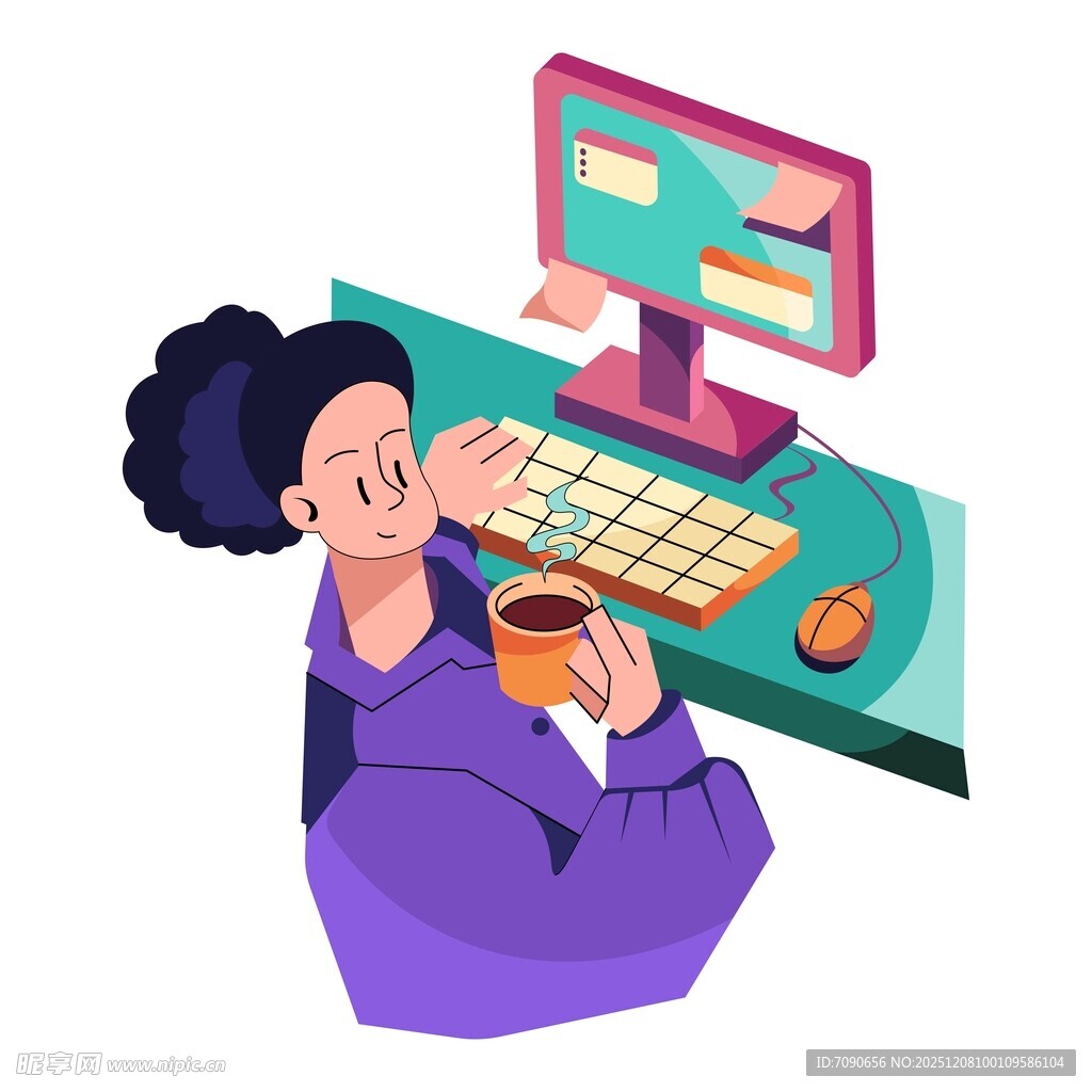 女性惬意办公喝咖啡场景