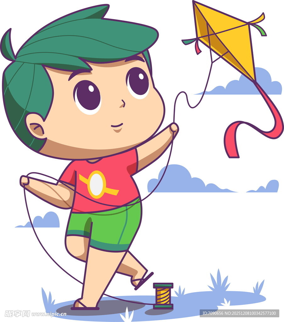 小男孩开心放风筝