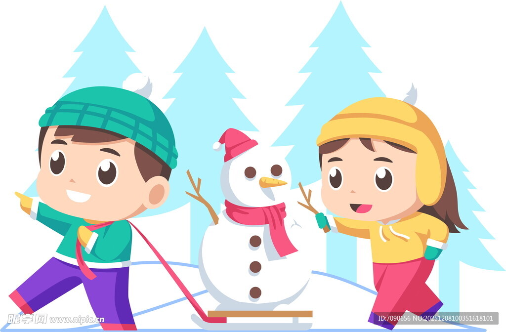 儿童冬日户外快乐堆雪人