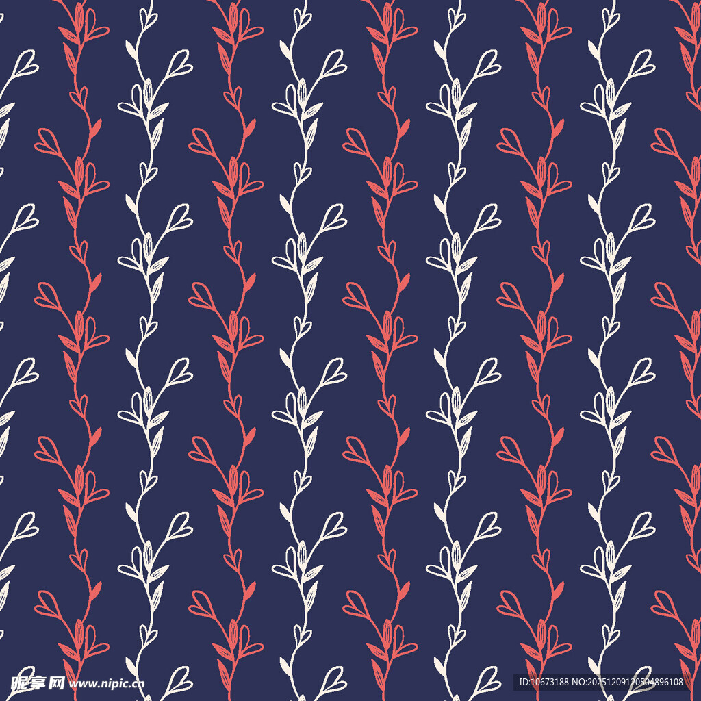 深蓝底红白枝叶花纹图案