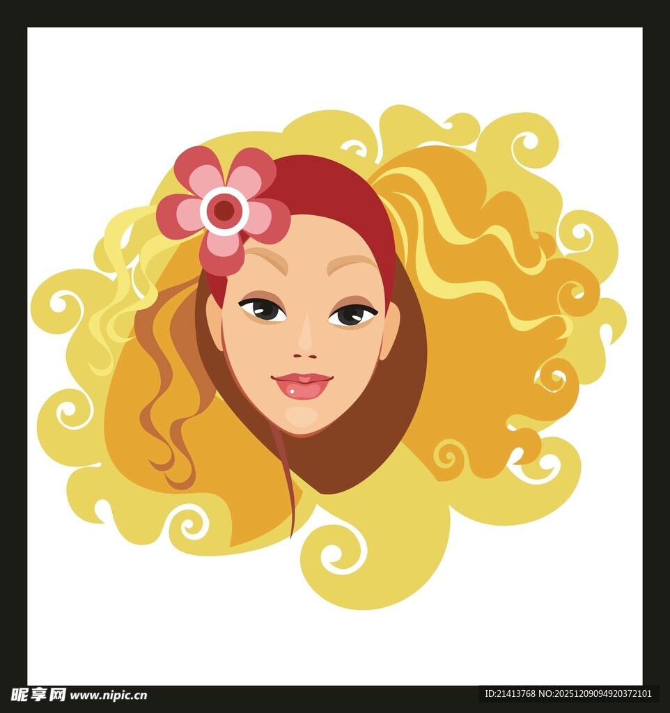 卷发戴花的美丽女性头像