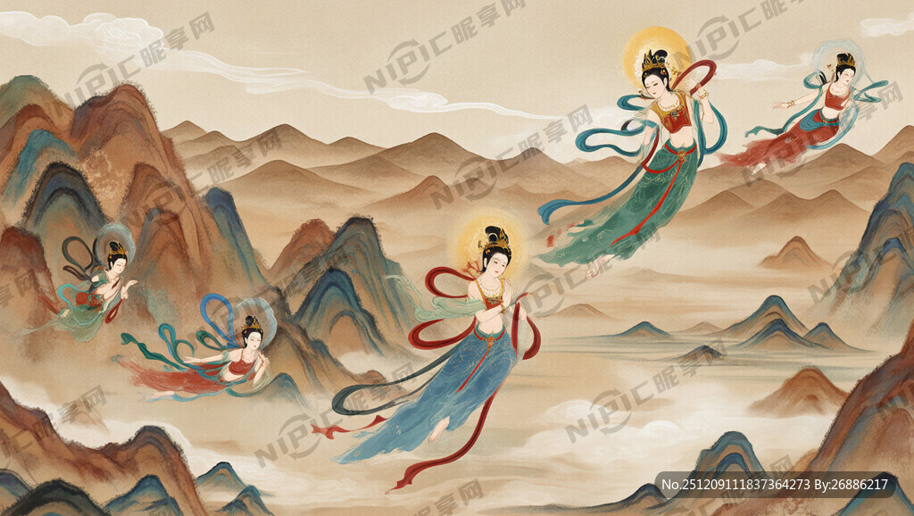 中国画敦煌飞天女神群要有多个飞