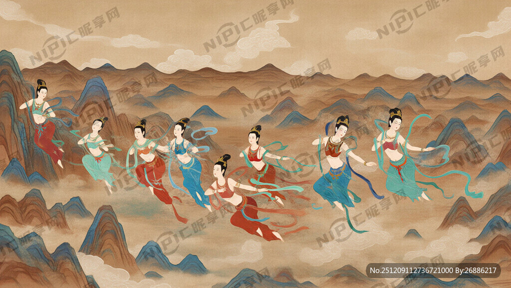 中国画敦煌飞天女神长图要求要有