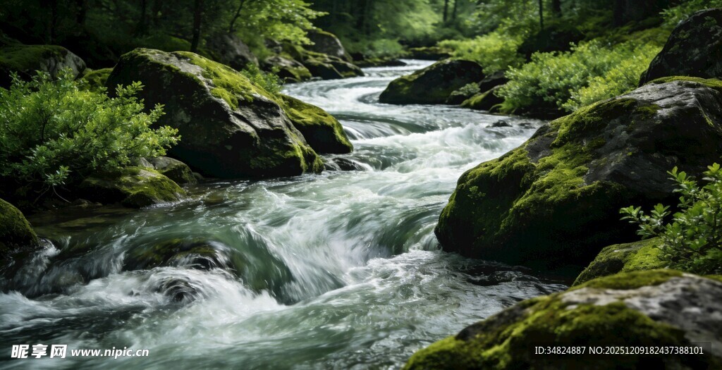 山间溪流绿意盎然的景致