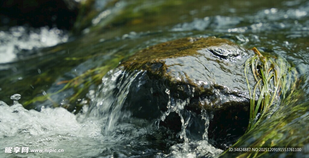 潺潺溪流中的青苔石块