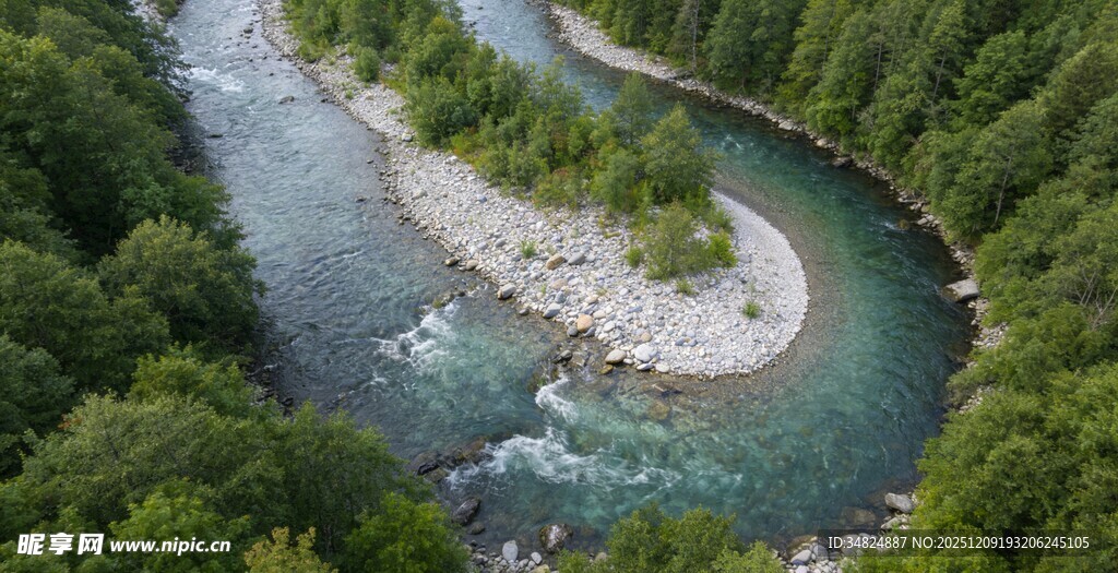 蜿蜒河流穿葱郁森林