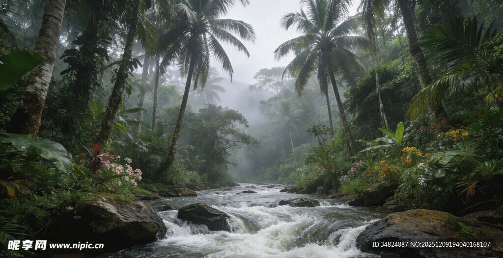 雨林中湍急溪流的自然美景
