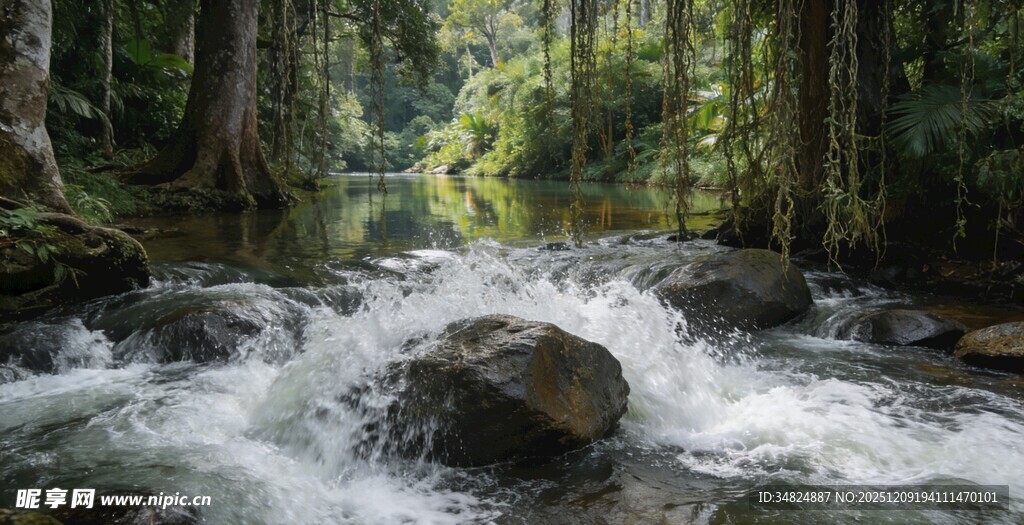 林间湍急溪流穿石而过