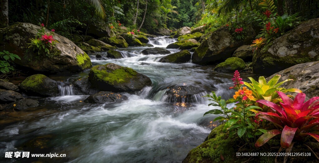 山间溪流旁的多彩花卉景观