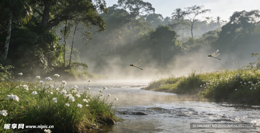 晨雾中的静谧林间溪流