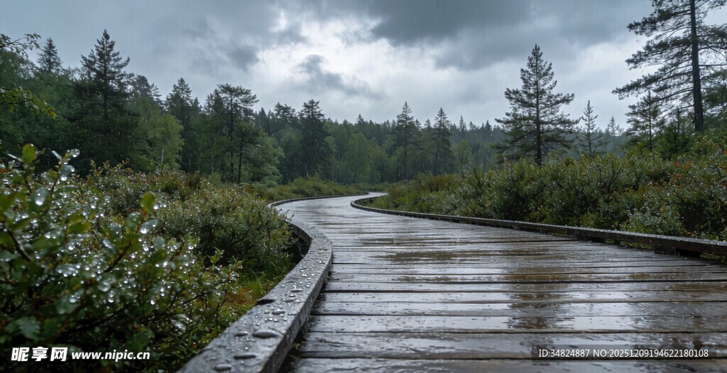 雨后林间蜿蜒湿润木栈道