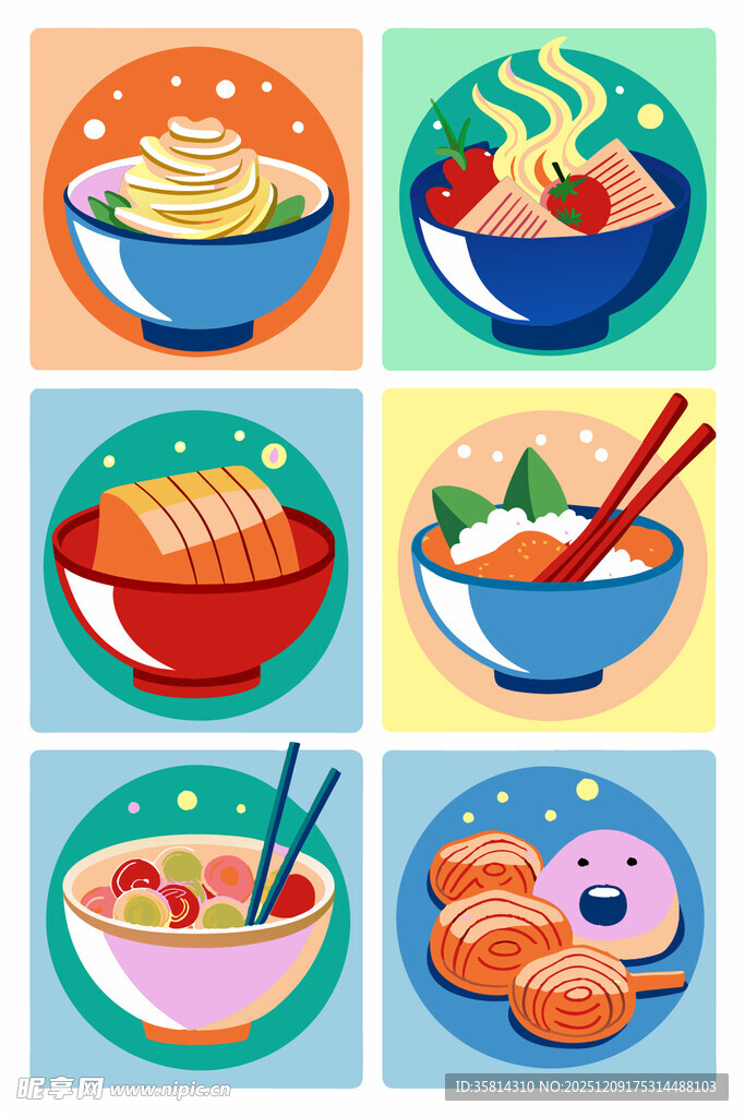 多彩卡通风格美食插画