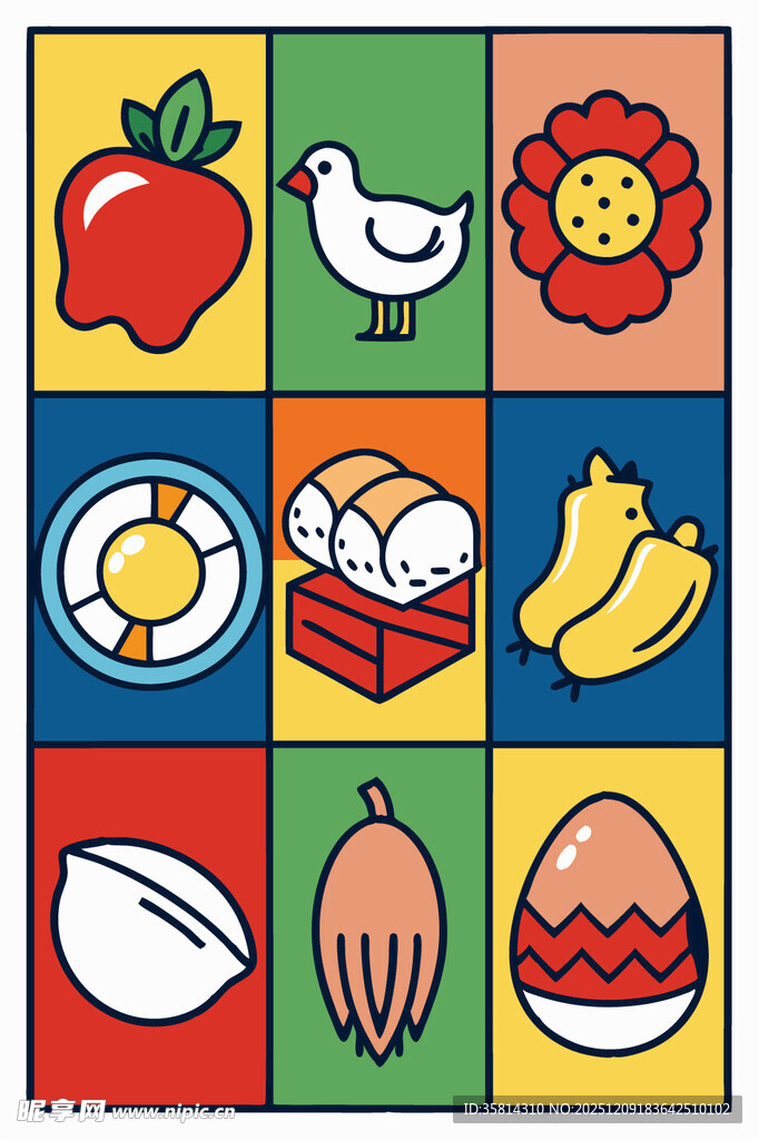 多彩卡通风格的食物与动物图