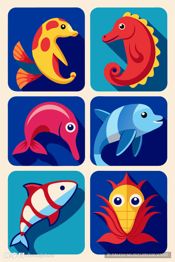 海洋动物卡通图标集合