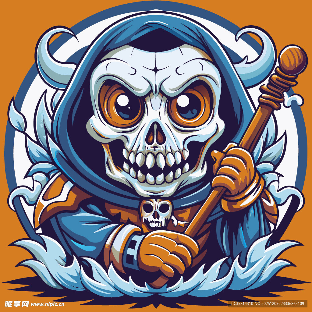 骷髅死神持杖于海浪中