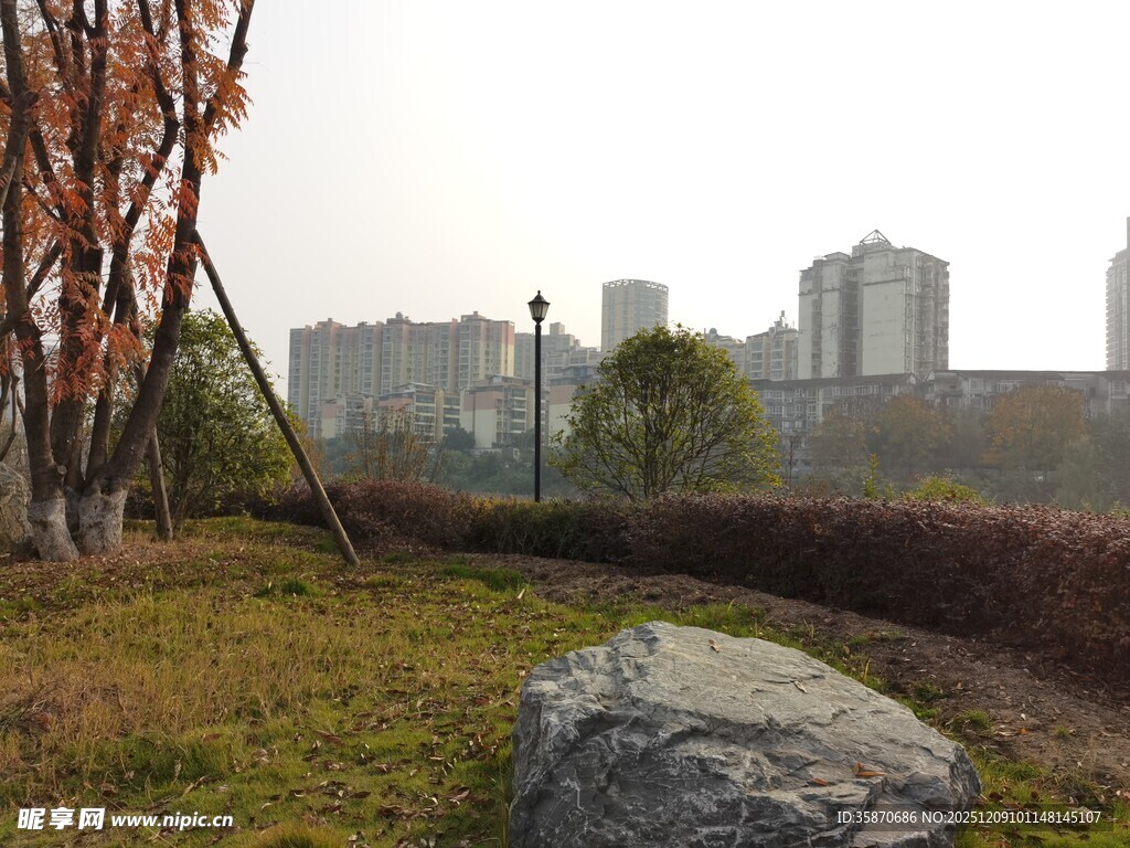 城郊草地旁的城市远景