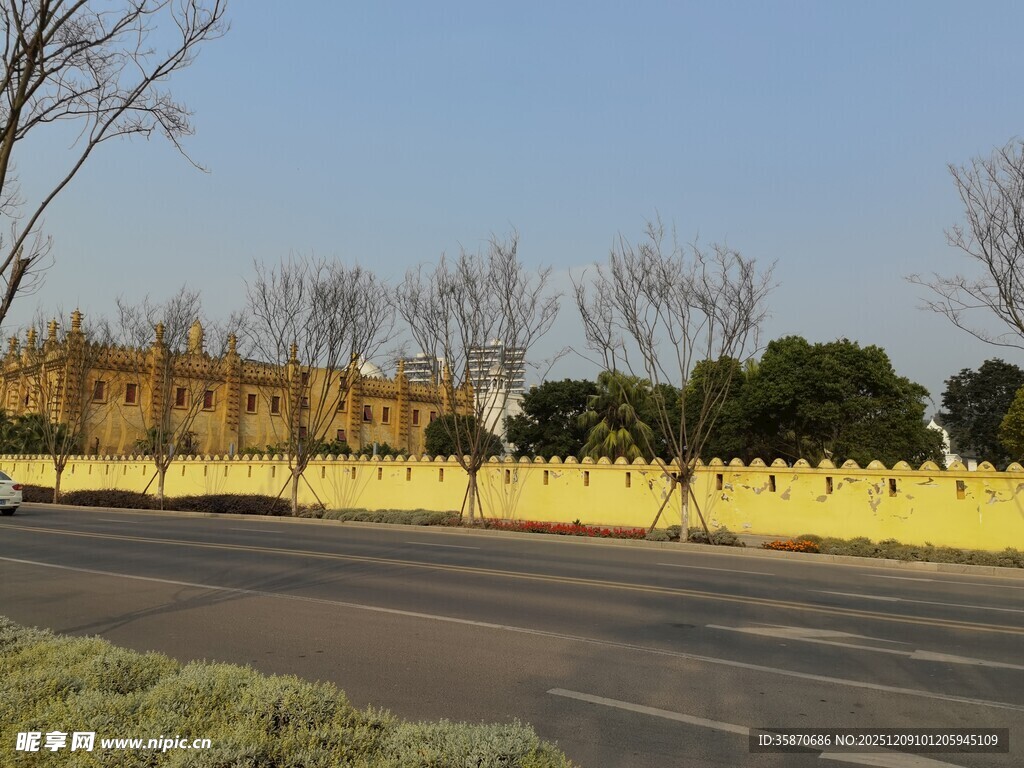 道路旁的黄色围墙景观