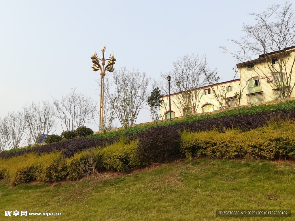 山坡上的建筑与风车景观