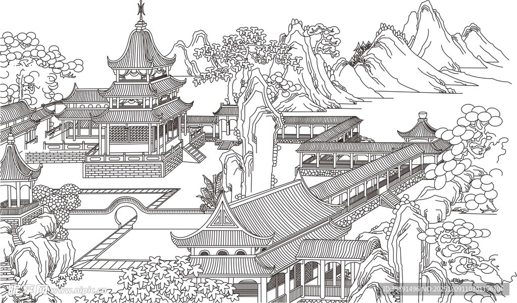 中式古建筑山水风景图