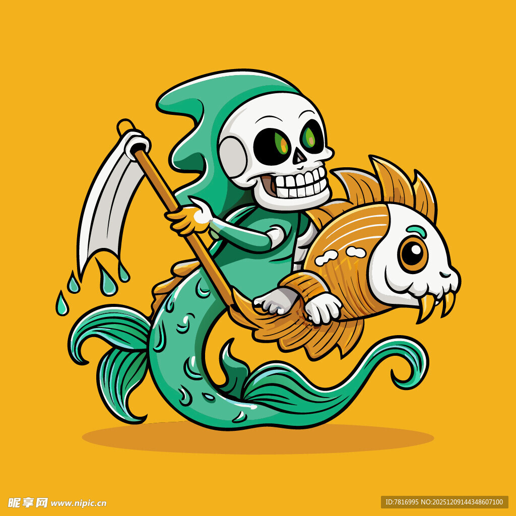 骷髅美人鱼持镰骑鱼