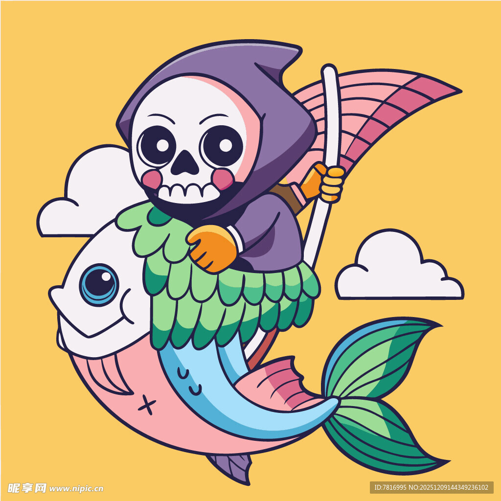 骷髅骑鱼持伞奇幻插画