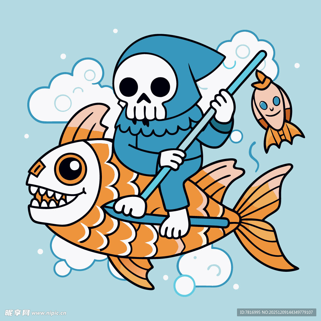 骷髅骑锦鲤持杖奇幻画面