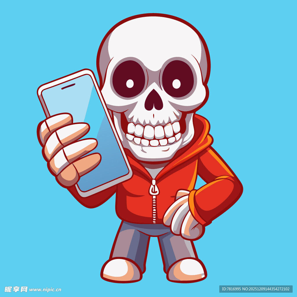 骷髅人手持手机乐开怀