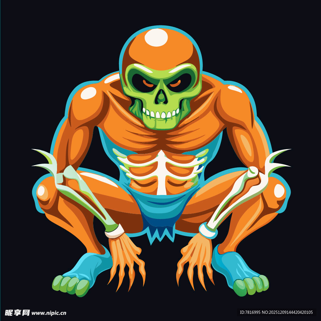 橙色骷髅蹲姿插画形象