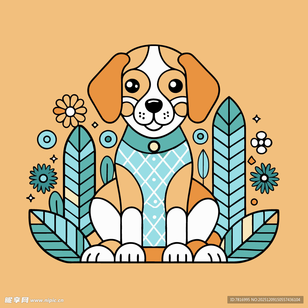 可爱小狗置身花草间