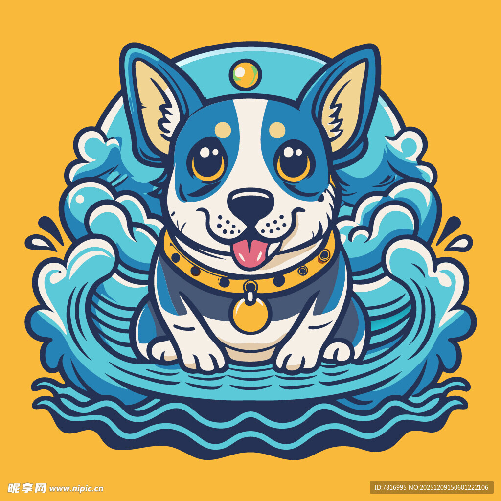 卡通柯基畅游蓝色水波中