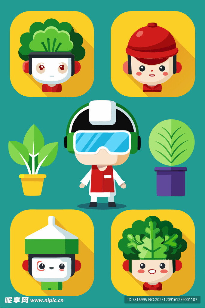 卡通蔬菜人物与科技元素