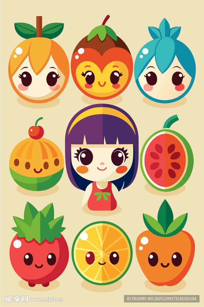 可爱水果与女孩卡通形象